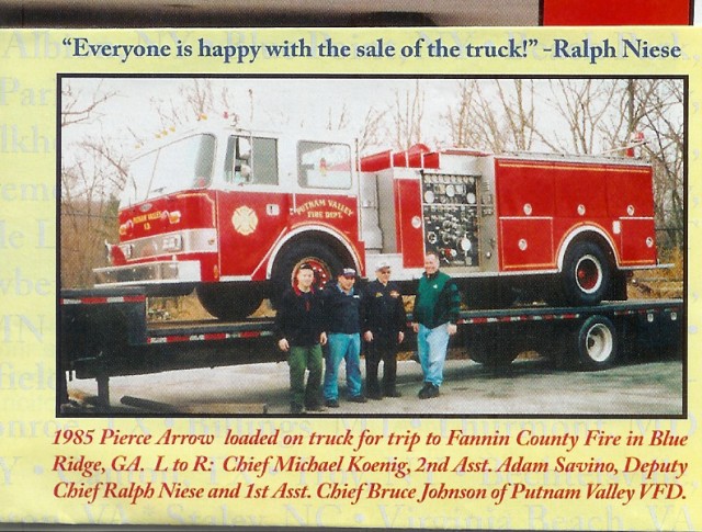 Our 1985 Pierce Arrow Pumper headed for Fannin County FD in Blue Ridge Georgia.  Photo as seen in Fire Apparatus, in the Firetec ad.